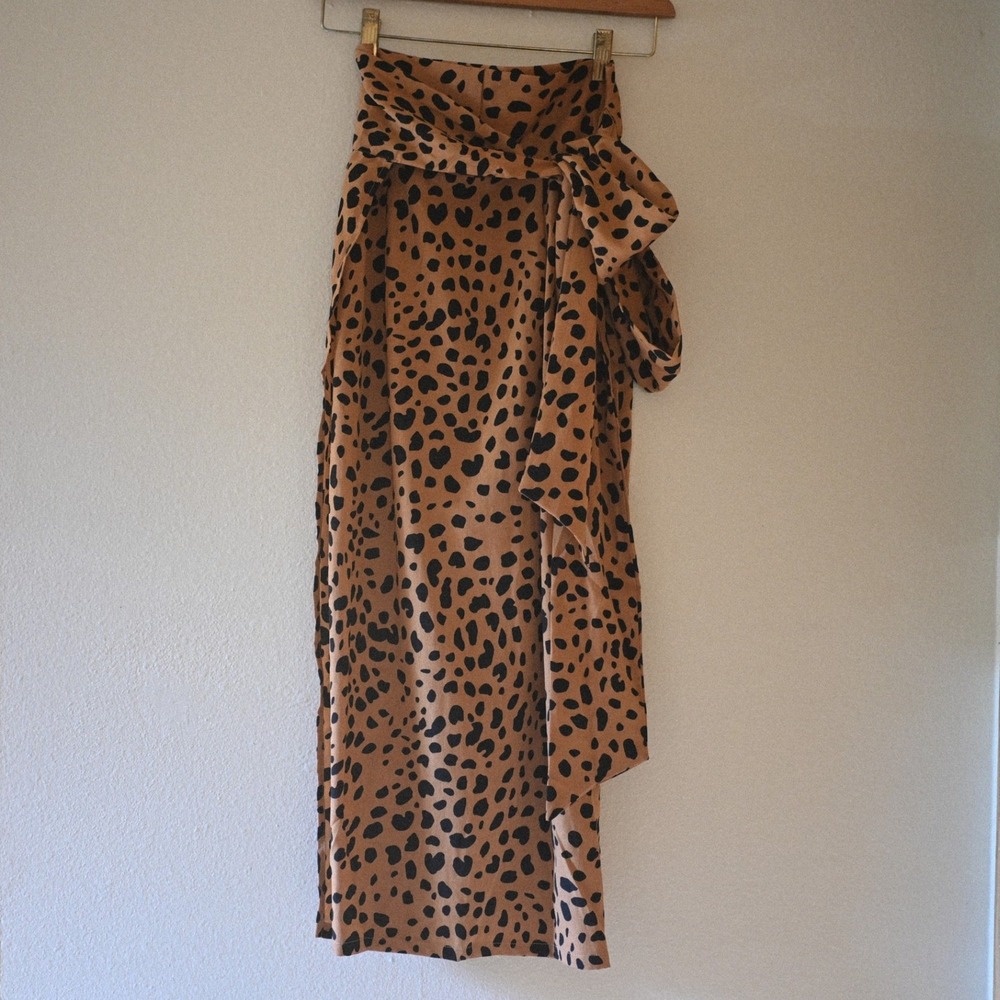 Lulus Leopard Print Wrap Midi Skirt Camel Black Side Tie Size S